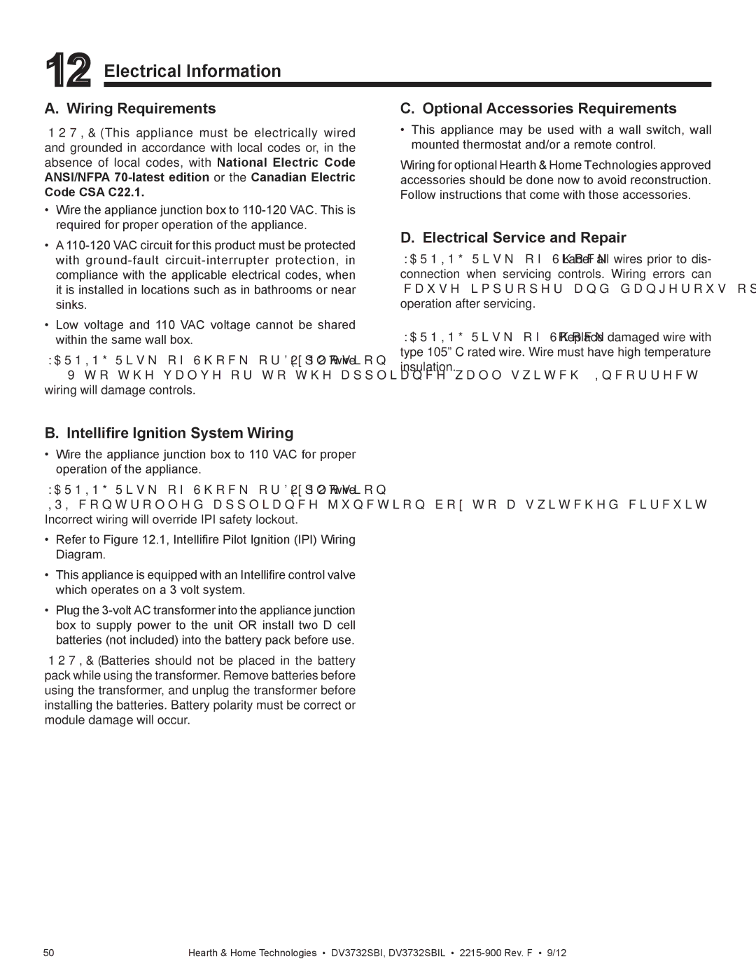 Hearth and Home Technologies DV3732SBI Electrical Information, Wiring Requirements, Optional Accessories Requirements 